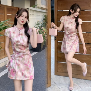 新中式立领印花连衣裙女2026夏季新款盘扣气质显瘦改良旗袍裙图片
