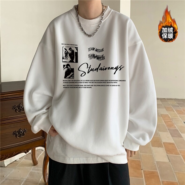 美式复古加绒圆领卫衣男士怀旧照片字母卫衣学生休闲无帽卫衣外套,女装短外套,星座715-4