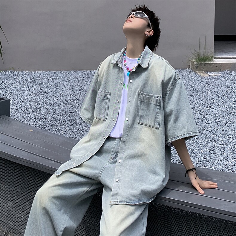 韩系小众短袖牛仔衬衫套装男夏季宽松休闲潮牌衬衣外套TZ030-P100,男装休闲套装,星座308B-2
