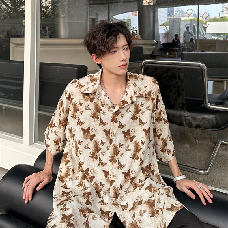 满印冰丝花衬衫男士夏季潮牌潮流痞帅新款薄短袖衬衣宽松开衫外套图片