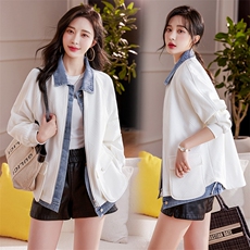 独特超好看牛仔拼接外套女春秋设计感小众休闲百搭假两件白色夹克，女装短外套，靓星雨