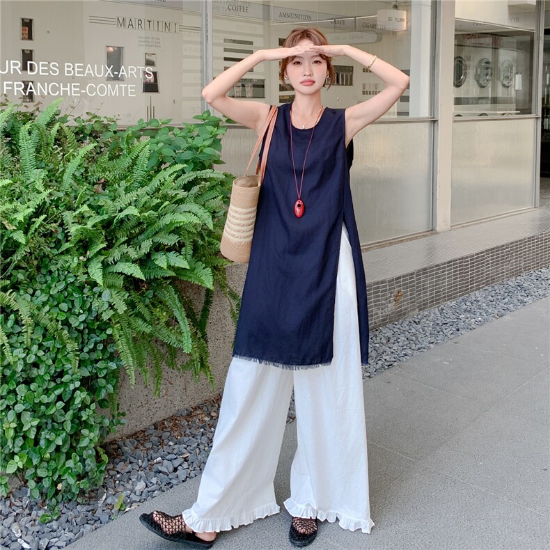 韩系圆领无袖背心连衣裙宽松套装女夏高级百搭气质甜美叠穿阔腿裤,女装套装/套裙,浙宝069