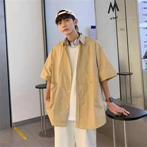 短袖衬衫男夏季简约潮流日系休闲宽松工装港风半袖上衣C2023-P28图片