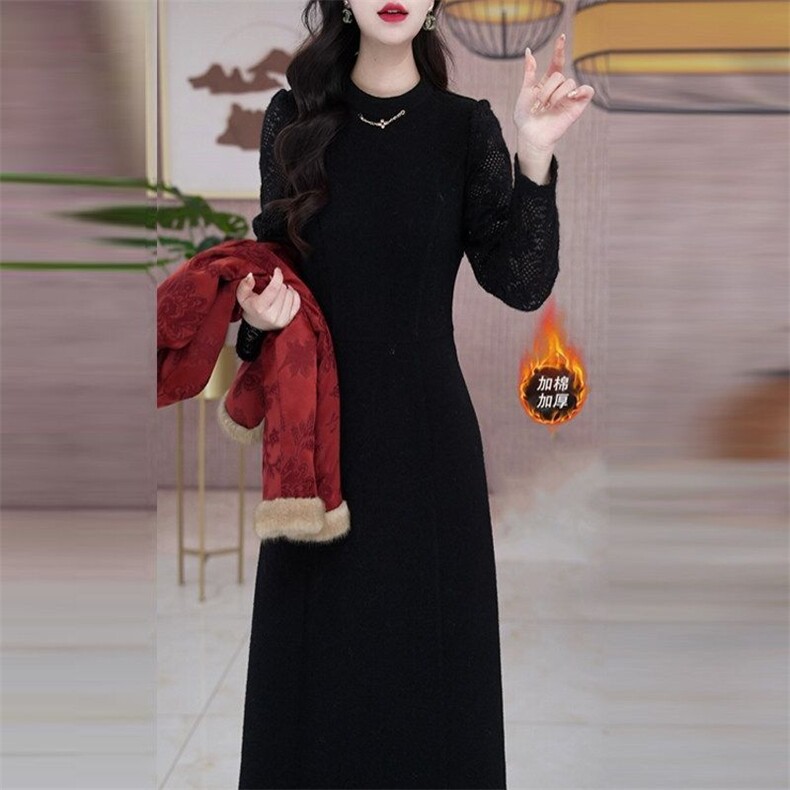 夹棉加厚两件套连衣裙女新款高级感妈妈洋气套装裙子,女装棉衣/棉服,韩蔻秀