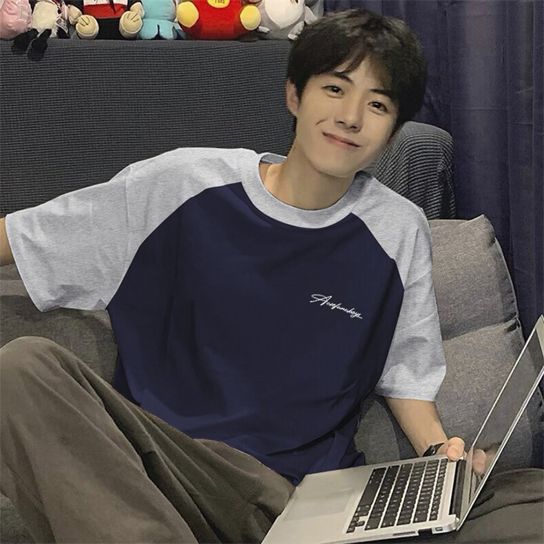 抖音得物高品质二开240克宽松纯棉美式潮牌插肩袖拼接短袖T恤，男装T恤，电商A486