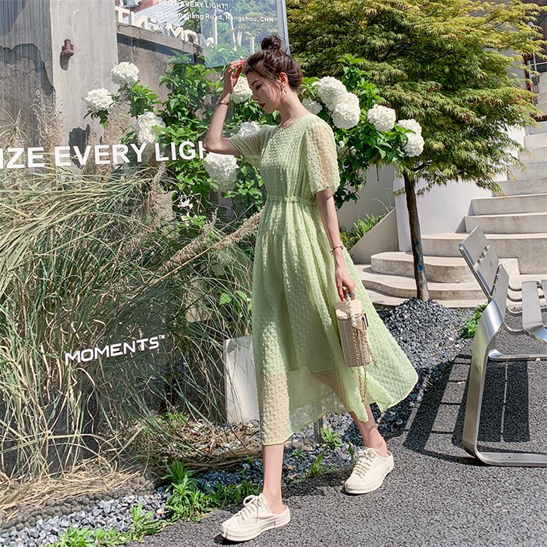 法式浪漫立体花连衣裙女中长款夏2025新款抽绳收腰泡泡纱仙女长裙,女装连衣裙,2C229