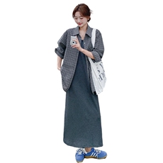 复古格子长袖衬衫背心连衣裙两件套女秋季宽松慵懒风小众衬衣外套，女装套装/套裙，2C093
