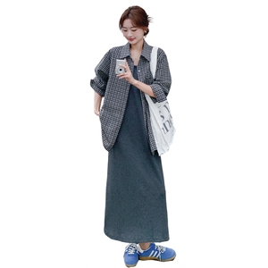 复古格子长袖衬衫背心连衣裙两件套女秋季宽松慵懒风小众衬衣外套图片