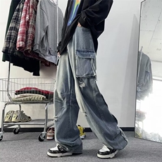 简约百搭青春流行牛仔裤新款宽松直筒慵懒潮夏季长裤男气质潮流，男装牛仔裤，星座716-2