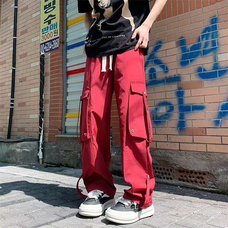 得物品质港风夏款男工装大口袋织带纯棉直筒宽松长裤h0003P65,男装工装外套,星座1013-1