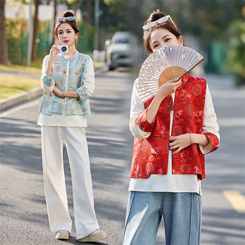 现货！2026春装新款新中式复古刺绣马甲上衣两件套,女装套装/套裙,涵墨