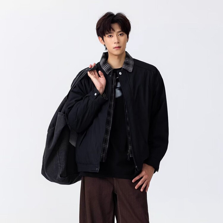 复古假两件飞行棉服夹克男格纹拼接棒球服美式休闲棕色外套,男装夹克,星座218-8