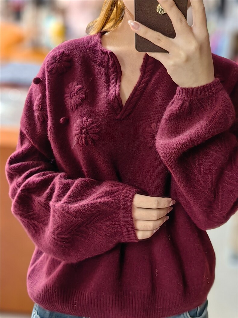 剪刀领立体刺绣花朵长袖套头上衣时尚百搭，女装针织衫/毛衣，米田羊绒