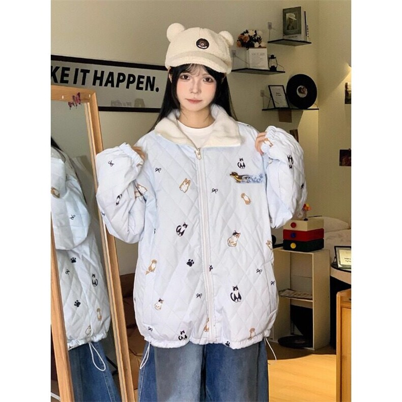 复古狗狗印花双面穿棉服外套双面穿面是小牛津1400号棉内是羊糕绒图片