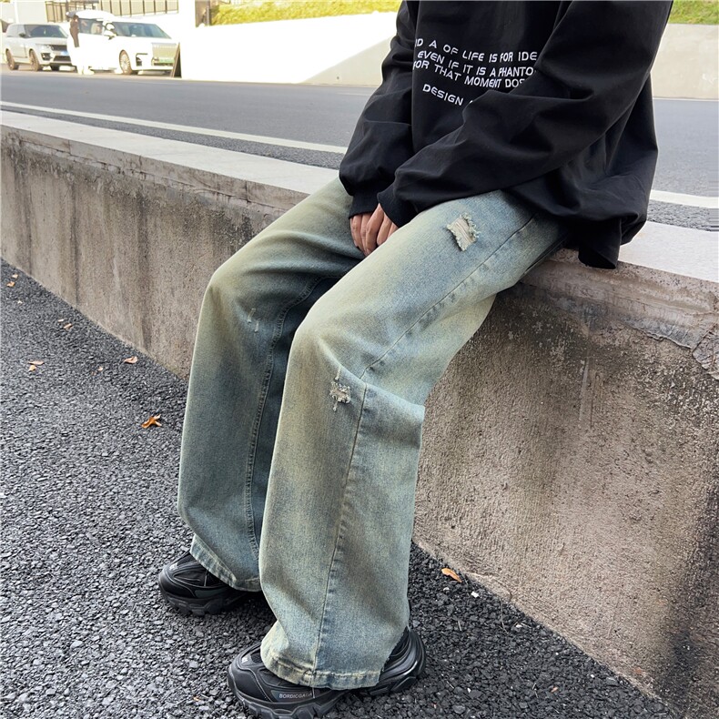 水洗做旧牛仔裤男美式潮牌宽松直筒阔腿休闲长裤N08932-P48,男装牛仔裤,星座308B-2