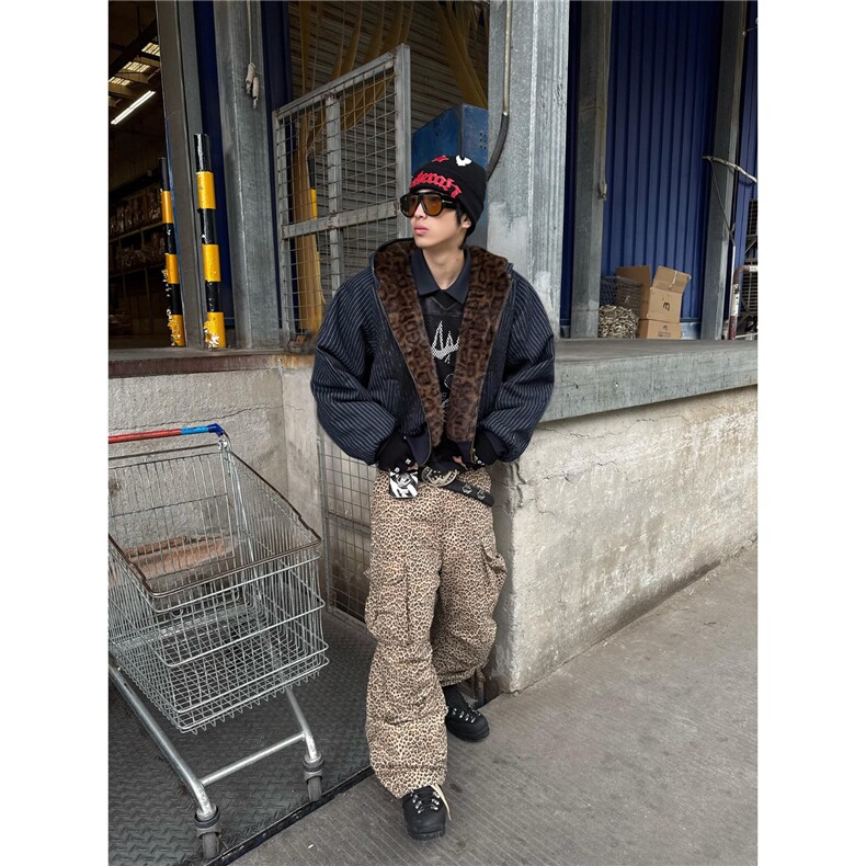 美式街潮条纹座山雕豹纹棉服外套秋冬慵懒宽松百搭时髦设计感夹克,男装夹克,星座506A
