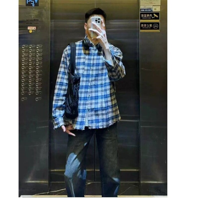 美式格纹长袖衬衫复古个性撞色破坏毛边工艺格子衬衣男女潮,男装衬衫,星座506A