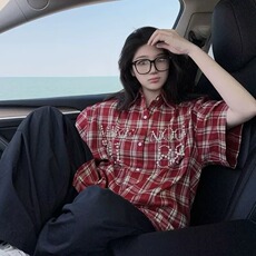 美式复古钉珠格子短袖衬衫男女高街夏季宽松情侣设计感珍珠衬衣潮，男装衬衫，星座1210-1