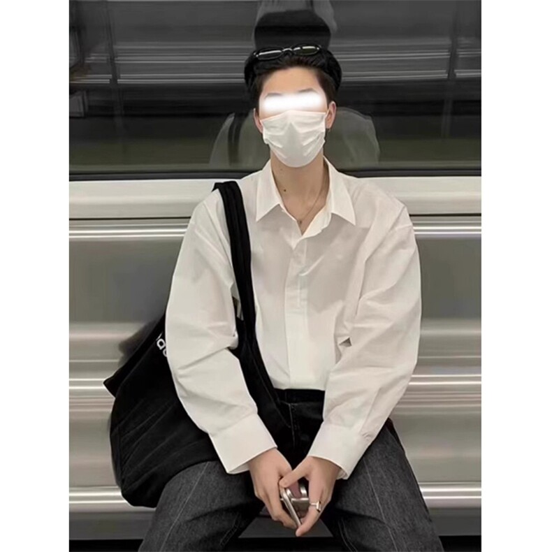 抖音得物二开高品质秋冬中性风冰丝休闲长袖衬衣垂感宽松上衣W88,男装衬衫,电商A486-1