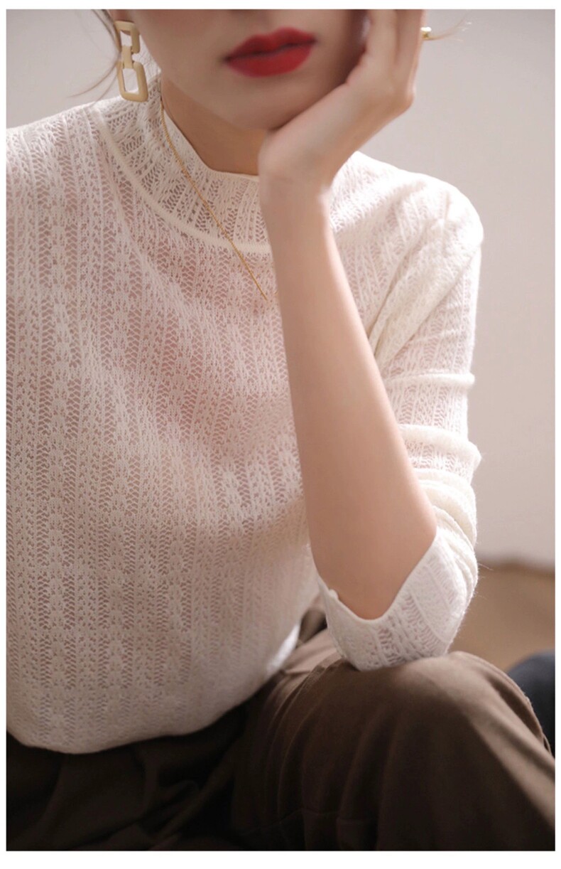 优雅气质半高领镂空针织衫百搭显瘦长袖毛衣时尚简约女装上衣,针织衫/毛衣,圣旺供货