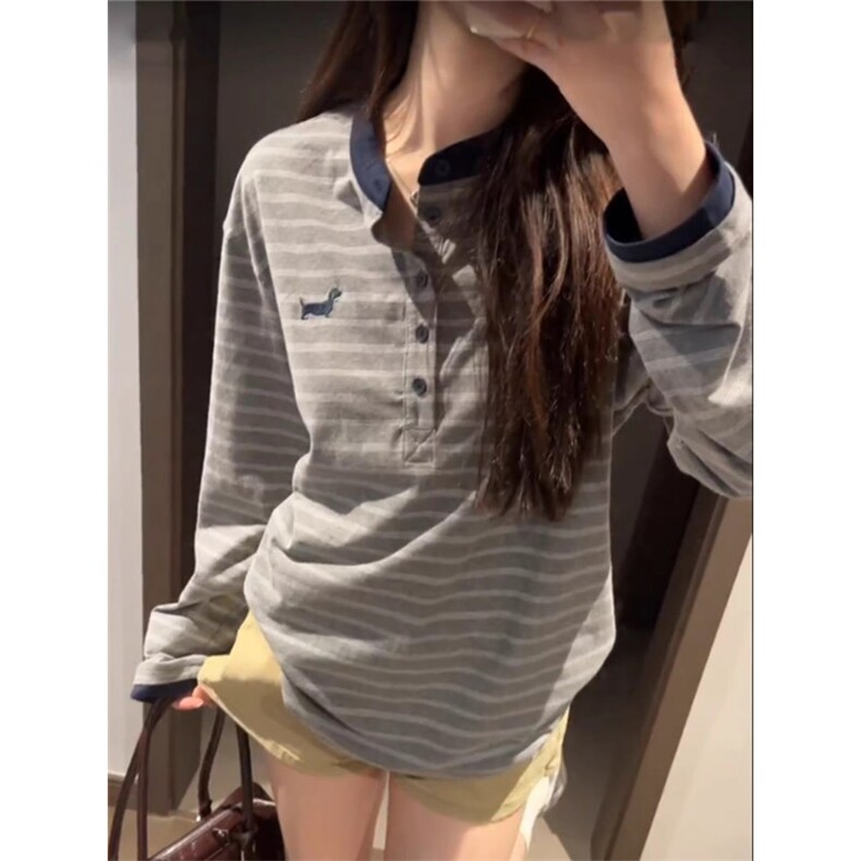 新款亨利领条纹长袖秋季潮流美式复古宽松男女t恤上衣L31588-p45,男装T恤,星座1008