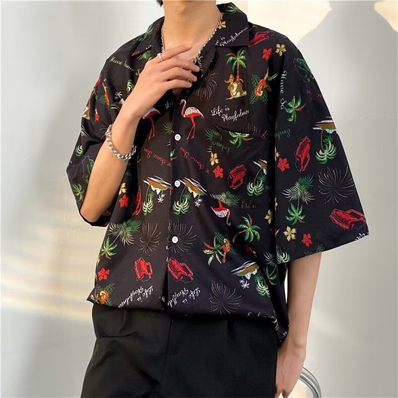 日系五分袖春夏季新款衬衫潮流慵懒男方领宽松型衬衫C1323P30,男装衬衫,星座1116-2