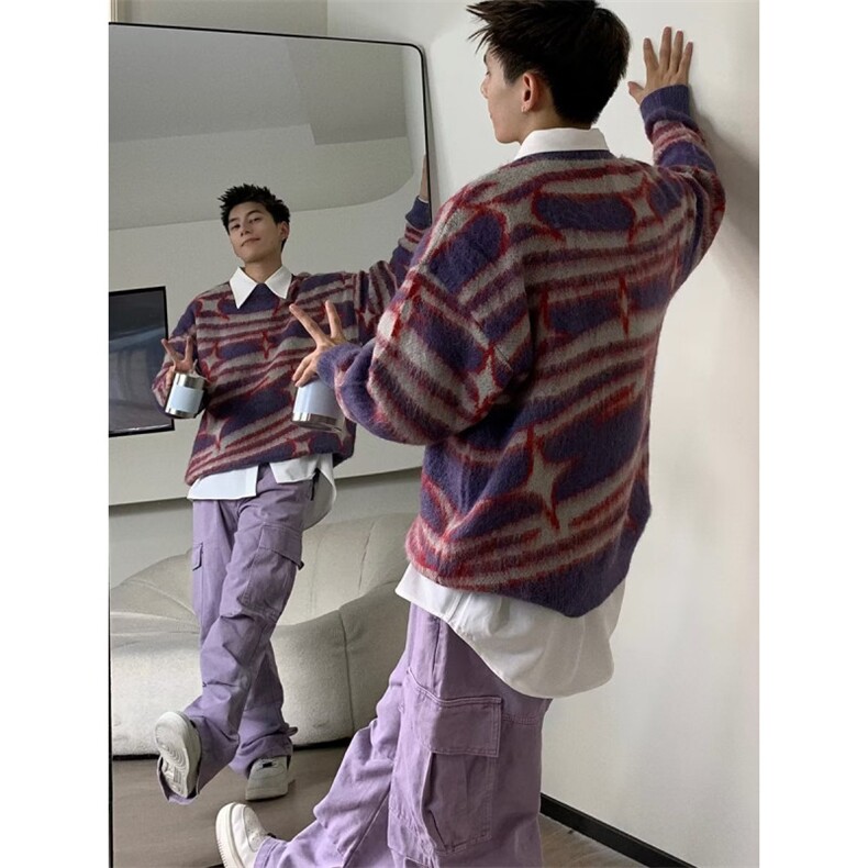 美式情侣宽松慵懒风软糯针织衫秋季潮牌复古条纹毛衣男鹿毛绒毛衣,男装针织衫/毛衣,四季星座505