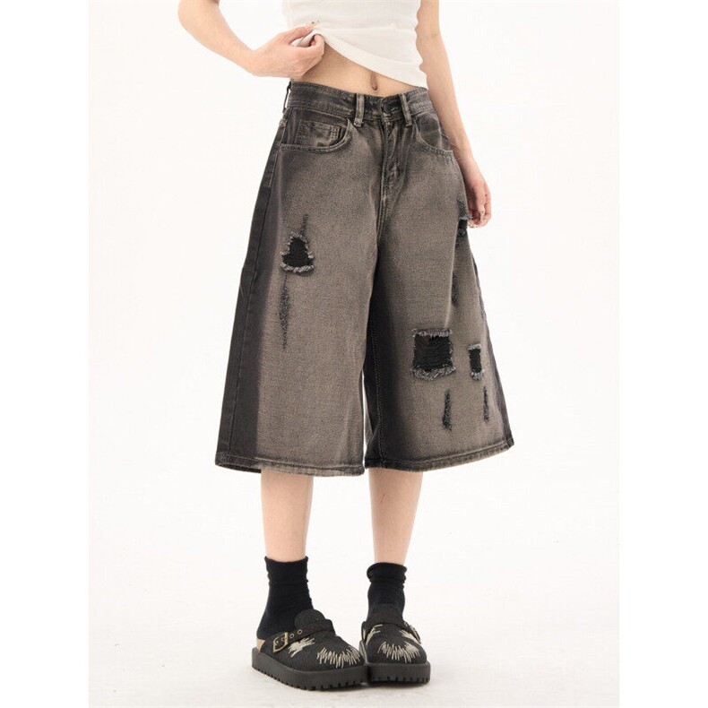 2383-P42欧美复古破洞牛仔短裤高街渐变做旧个性炸街休闲裤，女装牛仔裤，电商A306A