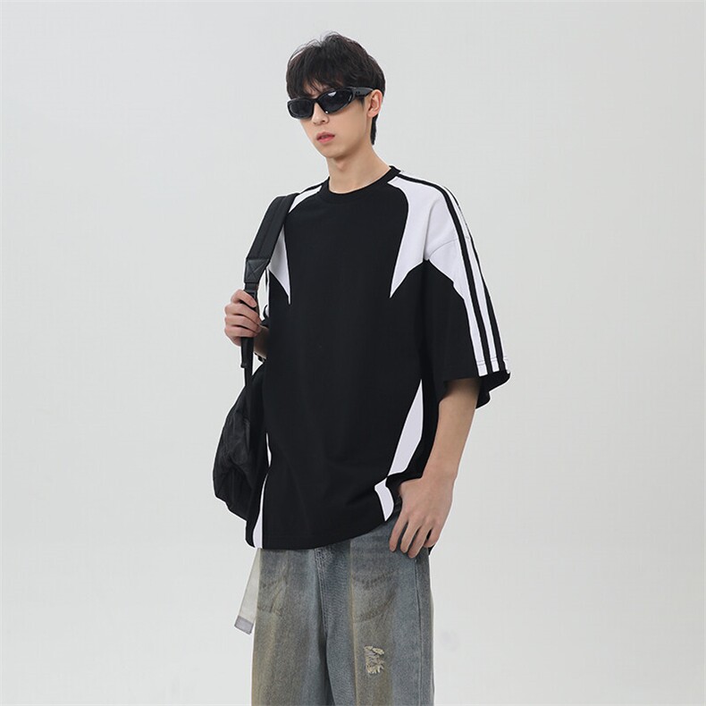 复古撞色拼接条纹t恤潮牌插肩袖黑色短袖男夏季25XT77227特批25,男装T恤,电商A042