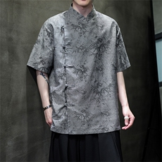2024风新款中式棉麻复古汉服盘扣立领短袖衬衫CS35-P65，男装衬衫，电商A021
