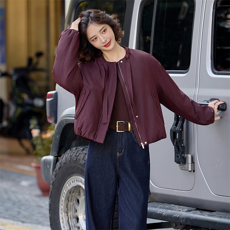 水衣源2798款纯色圆领飘带短款休闲宽松羽绒服女保暖外套,女装羽绒服,水衣源