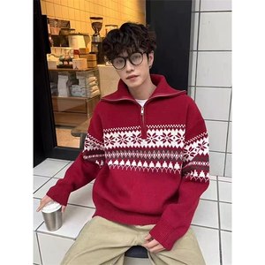 网图有货 美式休闲费尔岛半拉链套头毛衣男女宽松针织衫A1260-P60图片
