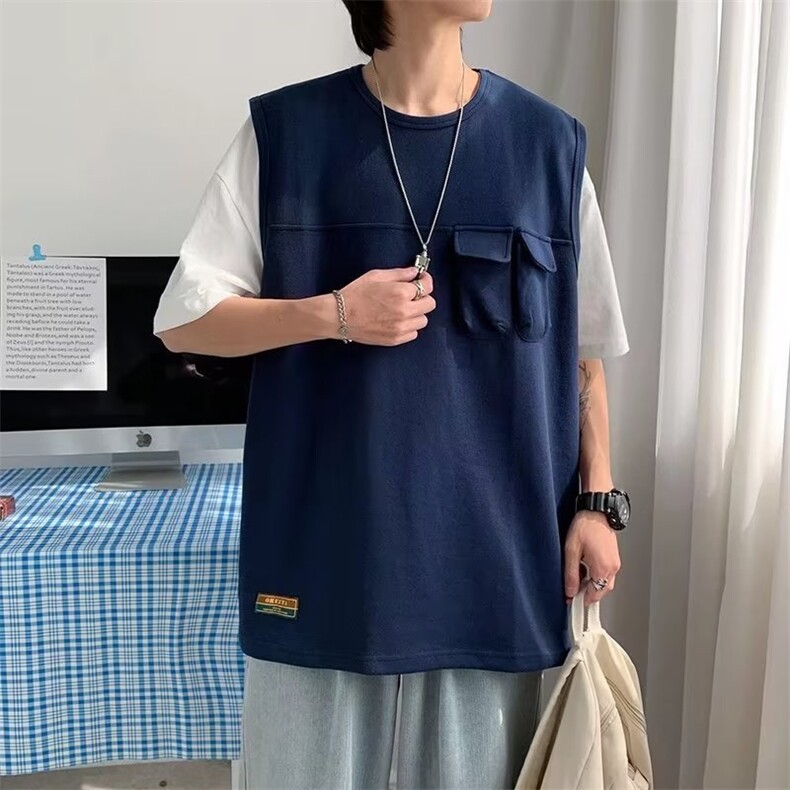 假两件圆领日系T恤纯色青春流行潮夏季五分袖时尚潮牌TX224 P30图片