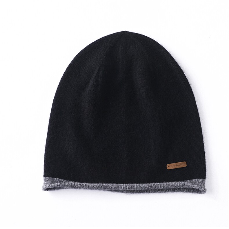 撞色卷边皮标针织帽10%羊绒柔软舒适，帽子，天宇悦翔羊绒