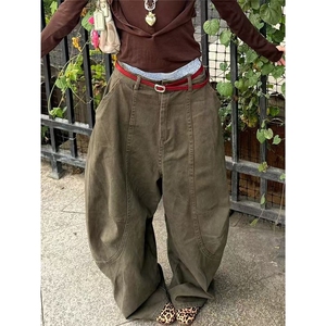 大码美式复古廓形拼接弯刀牛仔裤女复古vibe高街宽松设计感阔腿裤图片