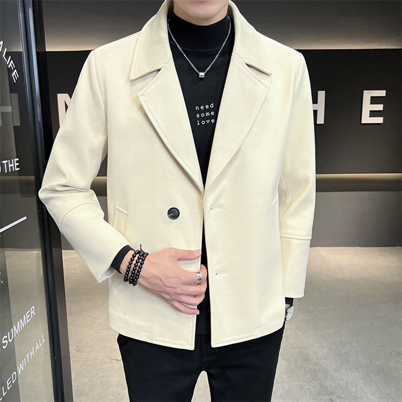 2023新品春季翻领毛呢风衣男士秋冬短款修身大衣潮流休闲呢子外套，男装夹克，电商B248