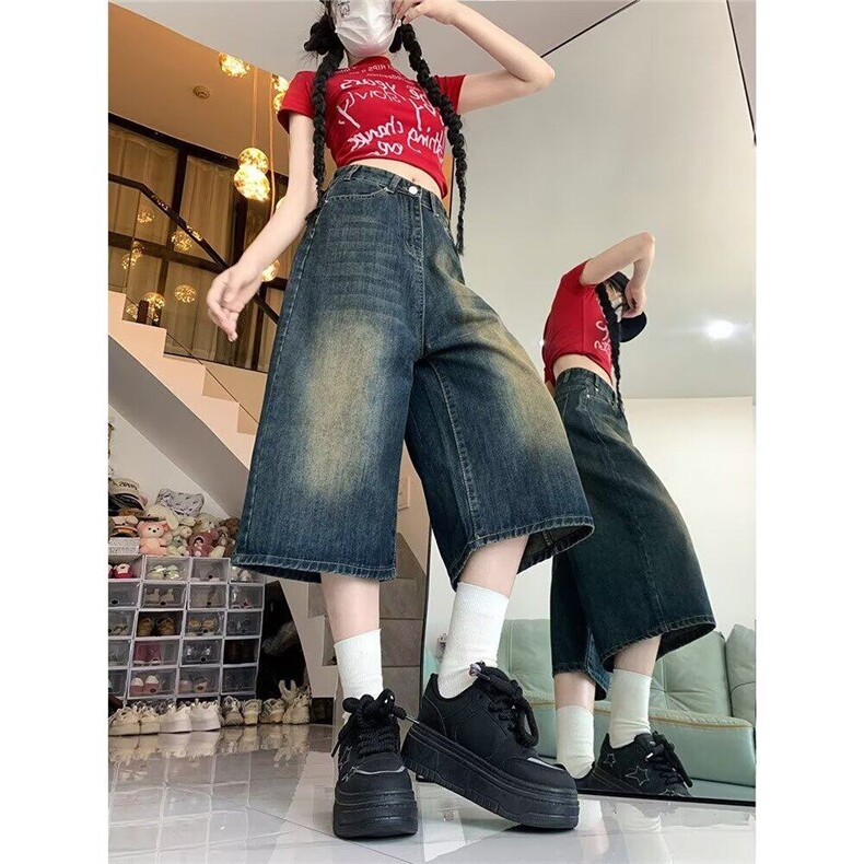 美式七分牛仔裤女夏季高腰显瘦复古宽松直筒阔腿中裤子WLN823-P38,男装牛仔裤,星座1008