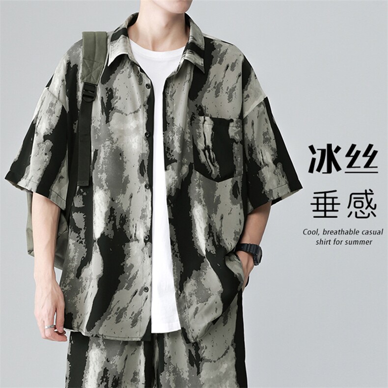 特批P25无差价夏季风水墨画冰丝男短袖衬衫CD894套装货号TZ084图片