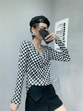 棋盘格V领打底，其它，帝瀛 DY