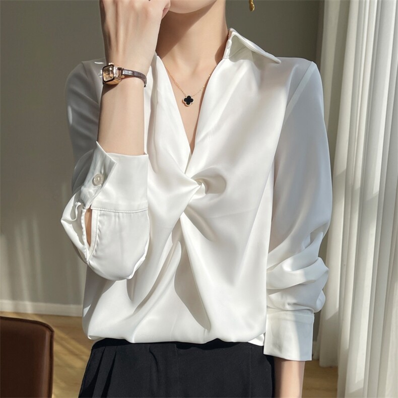 胸前扭花衬衣长袖时尚百搭休闲风，女装衬衫，素语电商供货