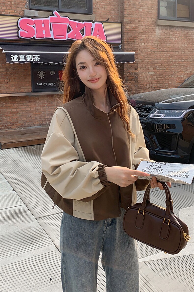 现货美式立领撞色短款小外套复古气质夹克上衣2963P135K198,女装短外套,2C029