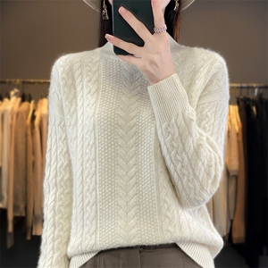 半高领扭花100%纯羊毛衫女加厚长袖针织毛衣宽松百搭羊绒衫打底衫图片