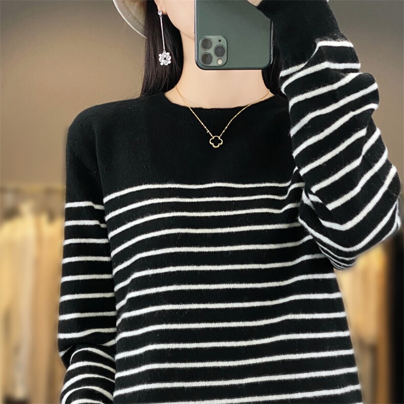 黑白条纹圆领长袖女2024年新款秋季薄款打底针织衫羊毛,女装羊毛衫,桦兴羊绒