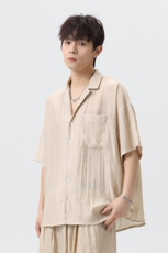 复古小众凹凸线条纯色短袖衬衫男潮牌街头宽松休闲衬衣CS2086-P45，男装衬衫，星座210-1