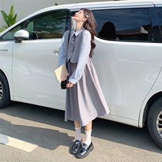 学院风减龄假两件灰色连衣裙女春秋长袖衬衫裙韩系小清新文艺复古，女装连衣裙，灵力轩