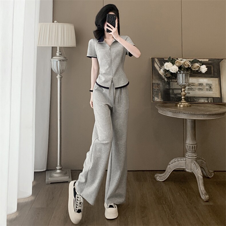 欧货时尚休闲运动套装女夏新款简约立领拼短袖上衣直筒长裤两件套，女装套装/套裙，江南