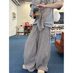 宽松慵懒黑白条纹棉麻阔腿裤松弛感复古休闲直筒拖地裤子 XRG113图片