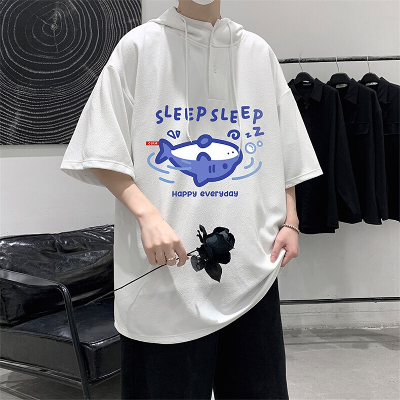 LD54453-P45连帽短袖t恤男大码胖子带帽五分袖中袖,男装T恤,电商A040