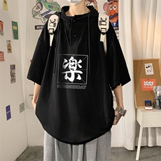 LD54197-P45连帽短袖t恤男大码胖子带帽五分袖中袖海报风，男装T恤，电商A040