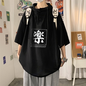 LD54197-P45 连帽短袖t恤男大码胖子带帽五分袖中袖 海报风图片